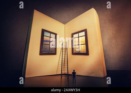 The magic, giant open book with two windows leading to another mystic world. Tiny man look at the textbook blank sheets ready to write his own story o Stock Photo