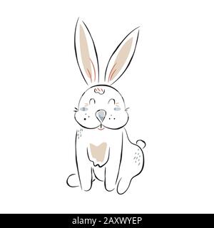 Cute bunny cartoon in hand drawn outline style. Stock Vector