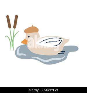 Cute cartoon duck on a pond vector illustration. Stock Vector