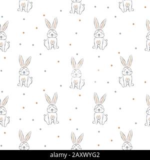 Seamless pattern with cute white rabbits. Doodle hand drawn style bunnies. Stock Vector