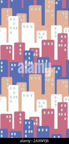 cityscape with tall buildings seamless vector pattern in pink blue and white Stock Vector