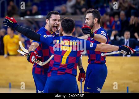 BARCELONA, SPAIN - FEBRUARY 11, 2020. Spanish OK League match between FCB and Deportivo Liceo. Roller hockey players in action during the match. They Stock Photo