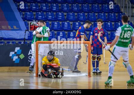 BARCELONA, SPAIN - FEBRUARY 11, 2020. Spanish OK League match between FCB and Deportivo Liceo. Roller hockey players in action during the match. They Stock Photo