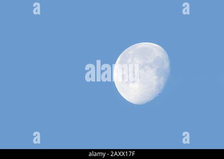 Almost full moon on a clear blue sky, during the daytime, winter in Maine. Stock Photo