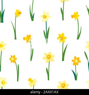 Floral seamless pattern with yellow daffodils and green leaves isolated on white background. Endless texture for spring or summer design. Bright Stock Vector