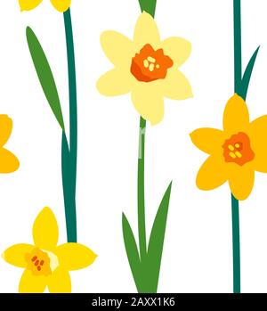 Floral seamless pattern with yellow daffodils and green branches isolated on white background. Endless texture for spring or summer design. Bright Stock Vector