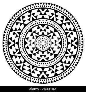 Tribal Aztec mandala vector pattern, bohemian geometric round design in black and white, zen decoration Stock Vector