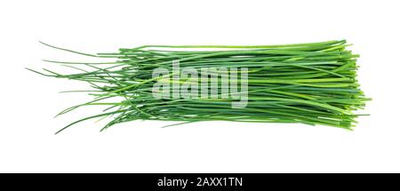 pile of fresh leaves of chives cutout on white background Stock Photo