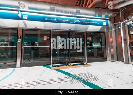 28 November 2019, UAE, Dubai: Entrance to the gold class cabin in Metro of Dubai Stock Photo