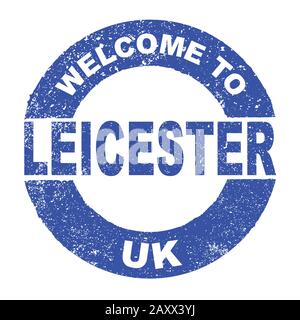 A grunge rubber ink stamp with the text Welcome To Leicester UK over a white background Stock Vector
