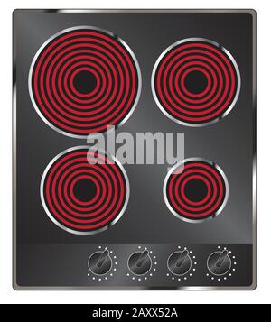 An electric hob turned on showing four red hot plates Stock Vector