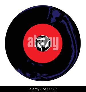 A typical 45 rpm vinyl record with a red blank labell over a white background Stock Vector