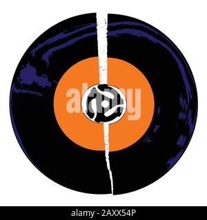 A typical broken 45 rpm vinyl record with an orange blank labell over a white background Stock Vector