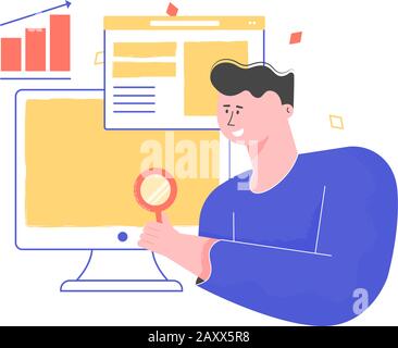Friendly guy character with a magnifying glass Stock Vector