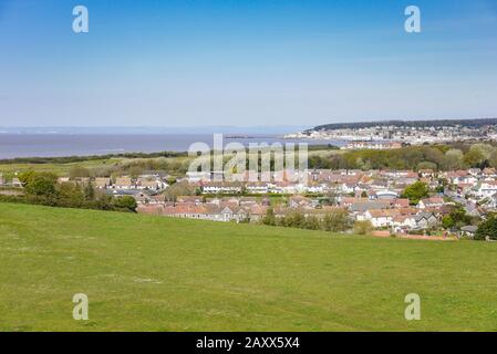 View from Uphill, North Somerset, UK towards the village of Uphill and Weston Super Mare Stock Photo