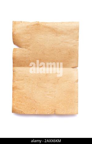Vertically oriented old ancient piece of paper with a fold line in the middle. Vintage letter or message template with copy space. Stock Photo