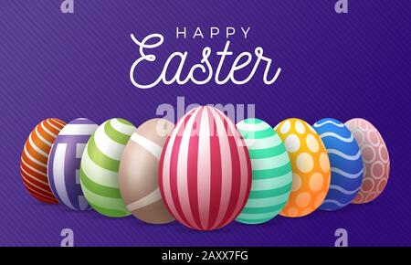 Happy easter greeting card vector illustration. A horizontal banner of purple with multicolored textured eggs that stand in a row Stock Vector