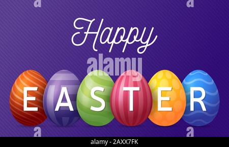 Happy easter greeting card vector illustration. A horizontal banner of purple with multicolored textured eggs that stand in a row Stock Vector
