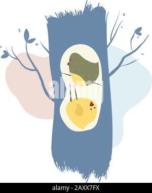 Two cute birds in the hollow of a tree Stock Vector