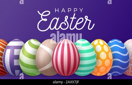Happy easter greeting card vector illustration. A horizontal banner of purple with multicolored textured eggs that stand in a row Stock Vector