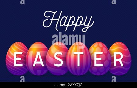 Happy easter greeting card vector illustration. A horizontal banner of purple with insta color rainbow textured eggs that stand in a row Stock Vector