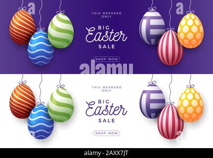 Set of Easter egg sale horizontal banner. Easter card with realistic eggs hang on a thread, colorful ornate eggs on purple striped and white modern ba Stock Vector