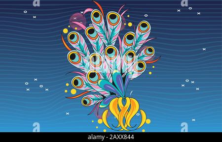 peacock feather on abstract background with waves Stock Vector