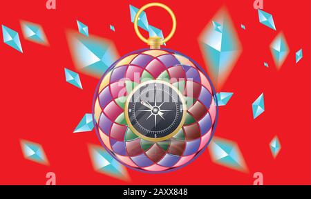 compass in rainbow color on diamonds red background Stock Vector