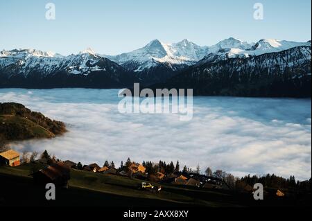 A view over Eiger, Monch and Jungfrau in Bernese Oberland, Switzerland. Stock Photo