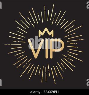 Round VIP gold vector emblem with sunburst and crown on a black background. Vector illustration for your design. Stock Vector
