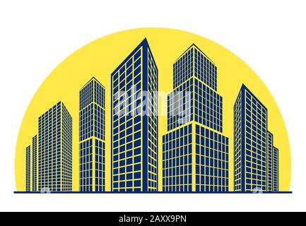 Skyscrapers, buildings against the background of rising sun. Vector logo, emblem for real estate sign, construction company. Cityscape concept illustr Stock Vector