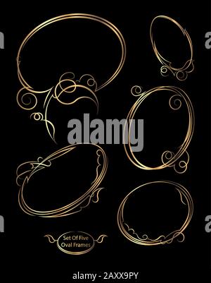 Set of five rich decorated, elegant gold oval frames on a black background Stock Vector