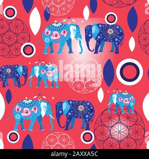 Seamless bright pattern of blue elephants on a floral red background. Template for Wallpaper or fabric. Stock Vector