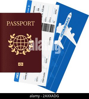 International passport with airway flight tickets. Personal identification document and airline boarding pass. Vector tourism travelling isolated illustration concept Stock Vector