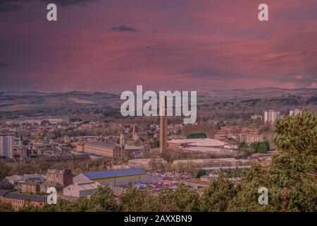 Looking down from the monument at Dundee Law over the retail and industrial side of the city of Dundee with the mixture of modern retail and past indu Stock Photo