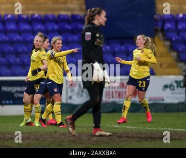 Deva Stadium, Chester, Cheshire, UK. 13th Feb, 2020. Womens Super League Football, Liverpool Womens versus Arsenal Womens; Jordan Nobbs of Arsenal Women points towards the dugout after scoring the second goal for Arsenal as Liverpool keeper Preuss looks on dejectedly Credit: Action Plus Sports/Alamy Live News Stock Photo
