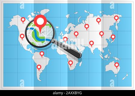 Magnifying glass over folded world map searching destination place for vacation zoom gps location pin on city street road vector illustration Stock Vector
