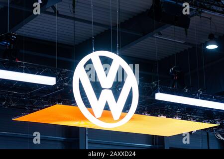 VW volkswagen logo on the car show, Prague, Czechia, February 2020 Stock Photo