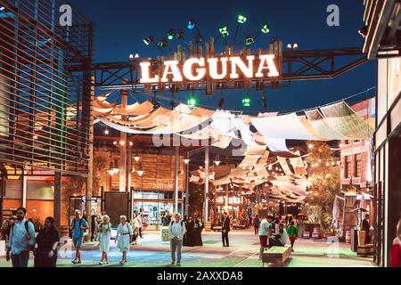 25 November 2019, Dubai, UAE: Famous La Mer modern District at night. Popular tourist attraction at Jumeirah area Stock Photo