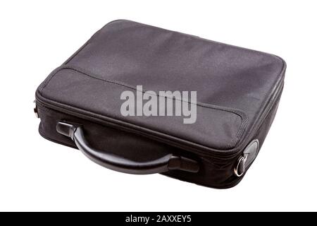 Simple black laptop bag isolated on white. Pocket notebook container laying on the table top view angle. An elegant pc bag with a handle without Stock Photo