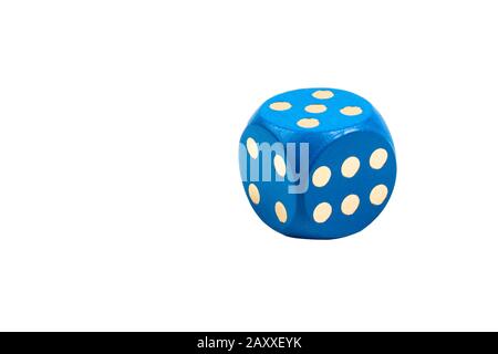 One single simple big blue colored playing dice showing five, solo cube object, isolated on white background, board games, kids education symbol Stock Photo