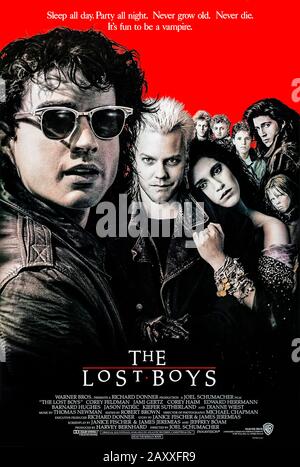 The Lost Boys (1987) directed by Will Gluck and starring Jason Patric, Corey Haim, Dianne Wiest, Edward Herrmann and Kiefer Sutherland. Two brothers move to a new town and discover a gang of bikers with a dislike for sunlight. Stock Photo