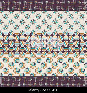 Mid Century Modern Vintage Pattern Background. Patchwork Quilt Masculine Graphic Design. Seamless Stripe 1960s Style Retro Geometric Wallpaper Stock Vector