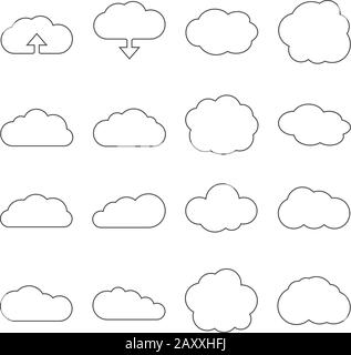 Cloud line web icons. Cloud shape linear set for download or cloud computing signs Stock Vector