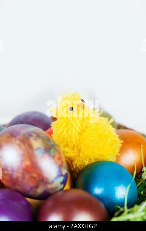 Easter basket with yellow chicken toy decoration Stock Photo