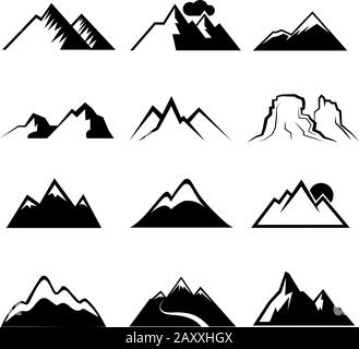 Monochrome mountain vector icons. Snowy mountains signs or mountains peaks vector symbols Stock Vector