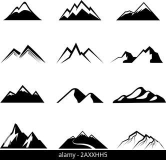 Mountains black vector icons. Mountain nature, outdoor mountain, peak mountain rock illustration Stock Vector