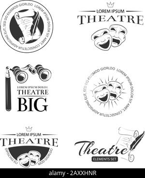 Theater acting entertainment performance vector retro labels, emblems, badges and logo. Emblem logo for theatre, comedy theatre logo, scenario paper t Stock Vector