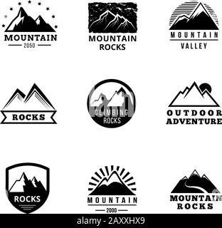 Mountains vector logo, badges and emblems vector set. Adventure outdoor, expedition mountain, badge climbing mountain snowy, peak mountain label illus Stock Vector