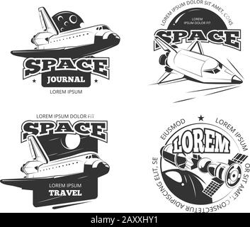 Cosmos, space astronaut badges, emblems and logos vector set. Label travel cosmos, science cosmos travel satellite, cosmos ship, space rocketship logo Stock Vector